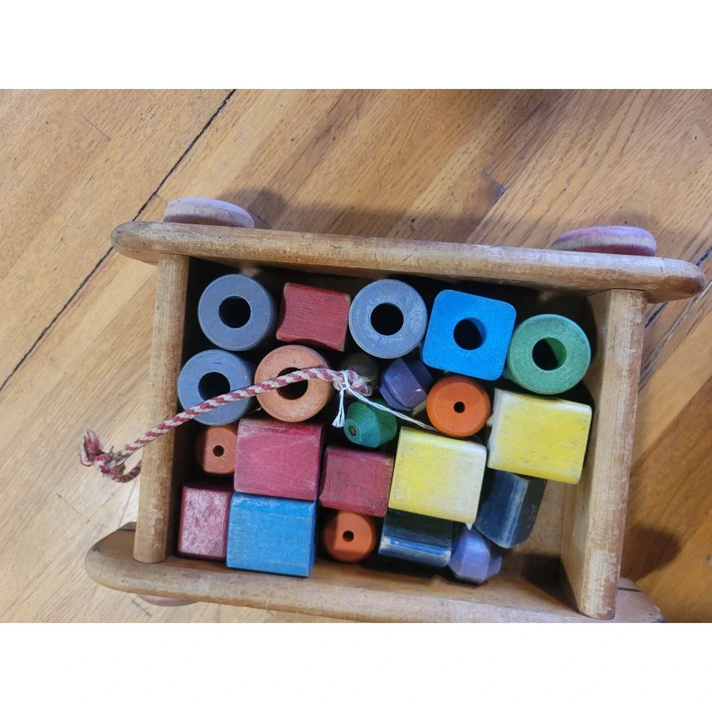 Playskool Wooden Wagon Toy Blocks Pull Along Vintage Educational Toddler‎